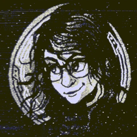 A drawing of me, a queer woman with slightly wild hair and big glasses. I'm looking down slightly, and smiling. It's processed through a CRT, and has some distortion and noise.