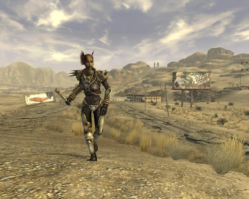 A Jackal Gang Member enemy in metal armor, from Fallout: New Vegas.