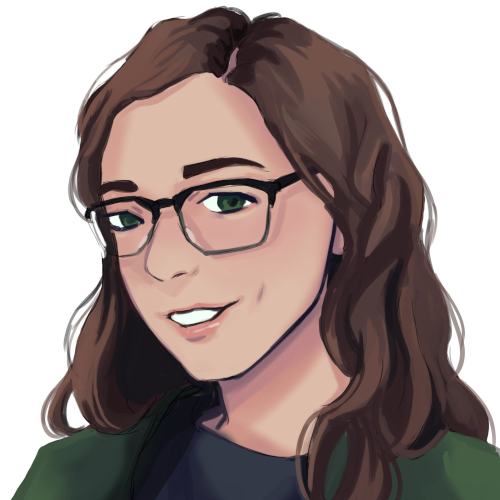 A drawing of my face. I’m wearing a black shirt and a green cardigan, smiling slightly, with my hair down and falling partly over one shoulder.