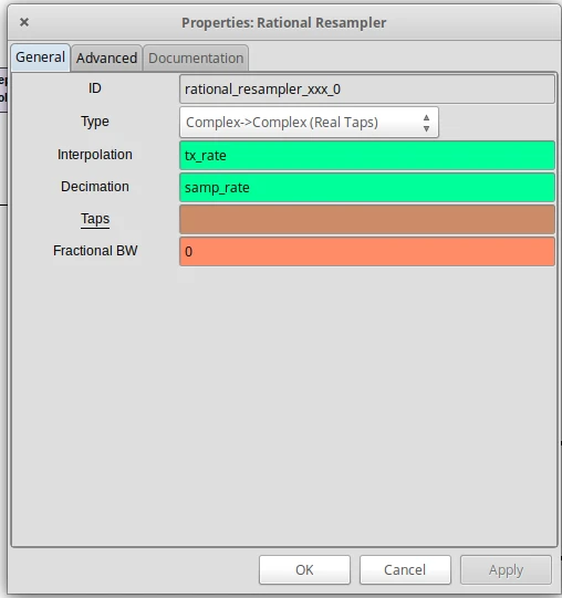 A screenshot of the Rational Resampler block&rsquo;s options